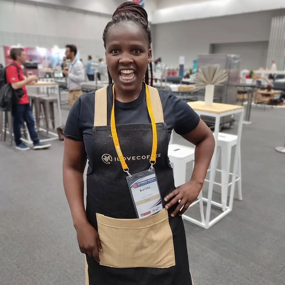 Conference delegate wearing a handmade branded fabric lanyard
