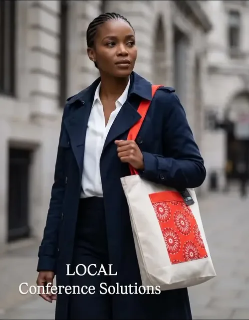 Branded cotton tote bag carried at a corporate event in a city setting