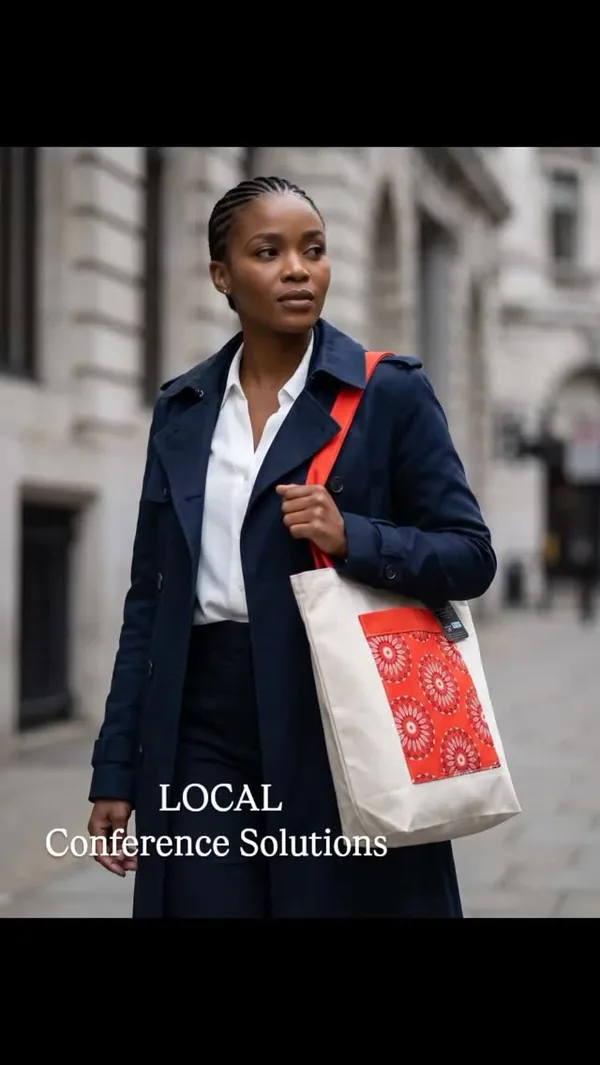 Professional carrying a branded Local Conference Solutions tote through the city