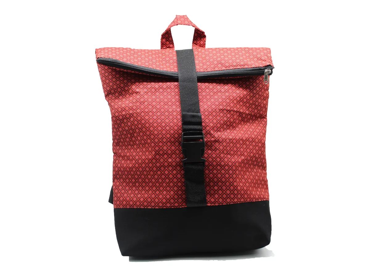 Busiswe roll-top delegate backpack in red shweshwe with a black canvas base