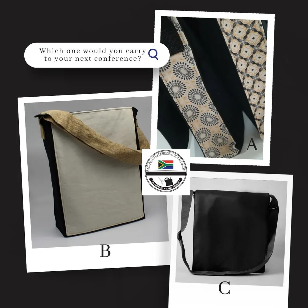 Three conference bag styles compared: tote, shopper and messenger