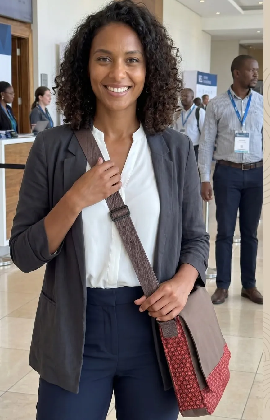 Delegate carrying a custom Local Conference Solutions messenger bag at a South African conference venue