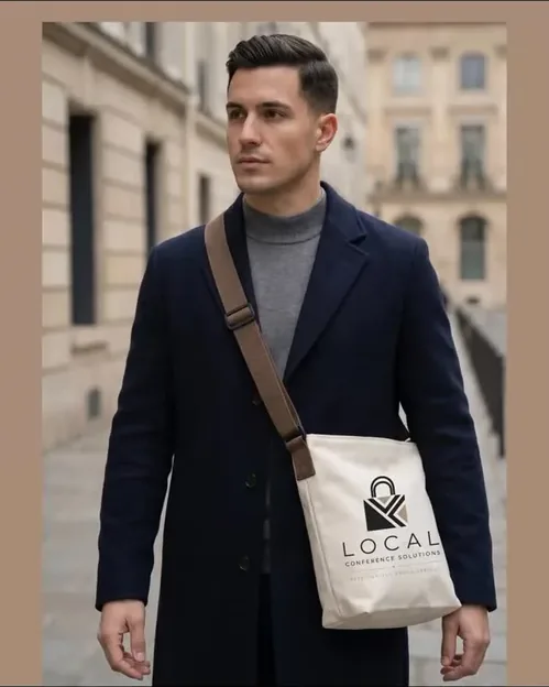 Professional carrying a branded cotton tote through a city street