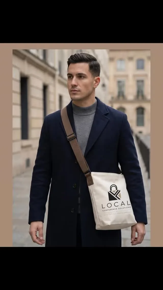 Professional with a branded tote bag in a city business district
