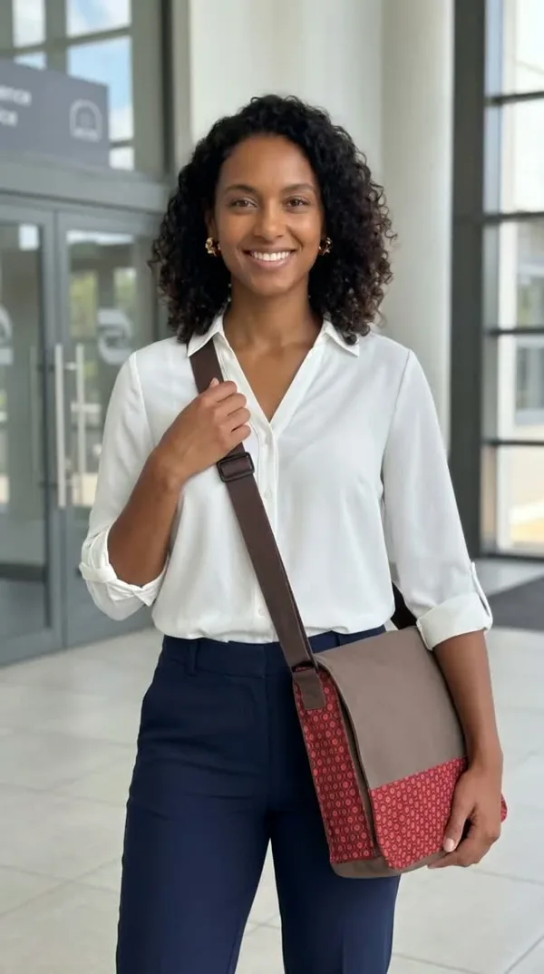 Messenger-style delegate bag with shweshwe trim worn across the body