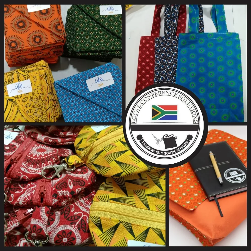Colourful fabric luggage tags and lanyards laid out in rows