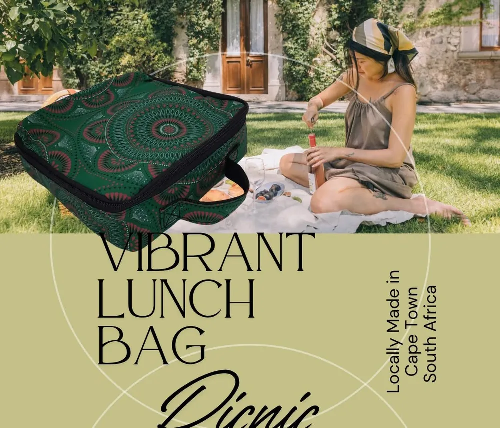 Locally made insulated lunch bag in vibrant printed fabric