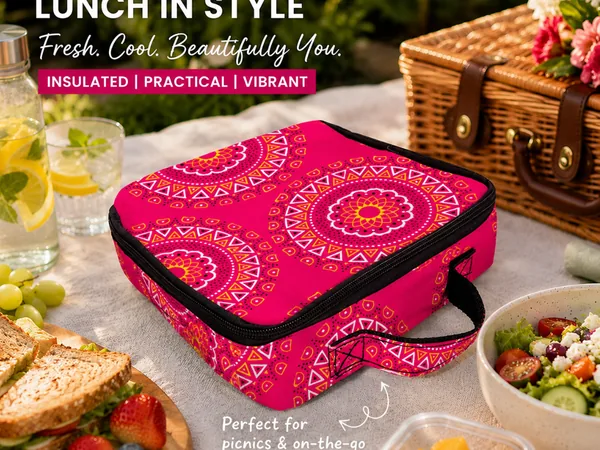 Insulated lunch bag in a bright pink printed fabric, set out on a picnic blanket