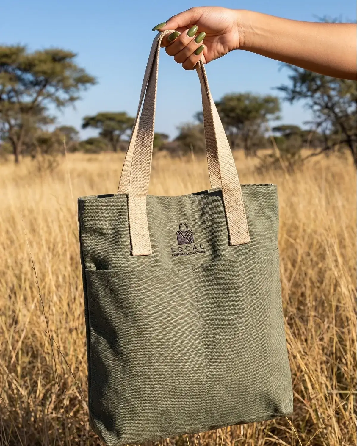 Olive cotton tote conference bag with a printed panel