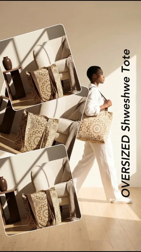 Display wall of oversized shweshwe tote bags
