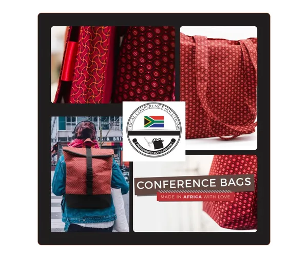 Red shweshwe conference bag collection with matching accessories
