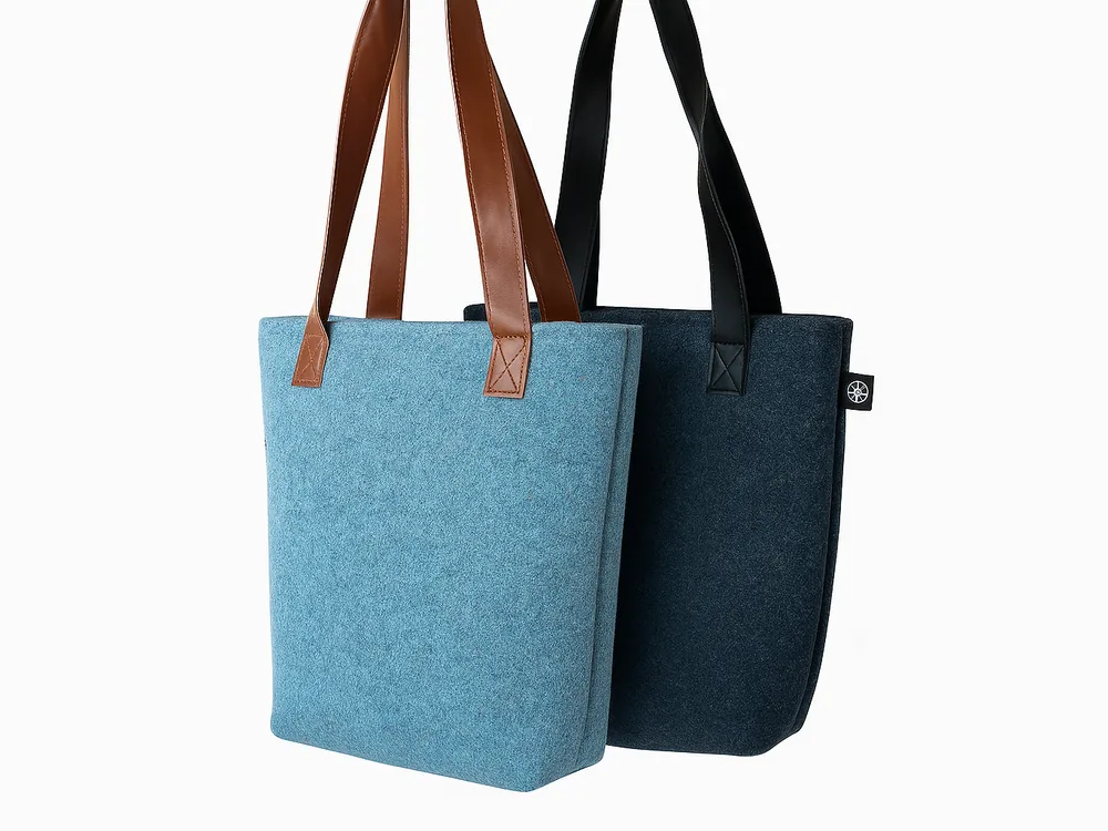 Navy and blue RPET felt tote bags standing upright