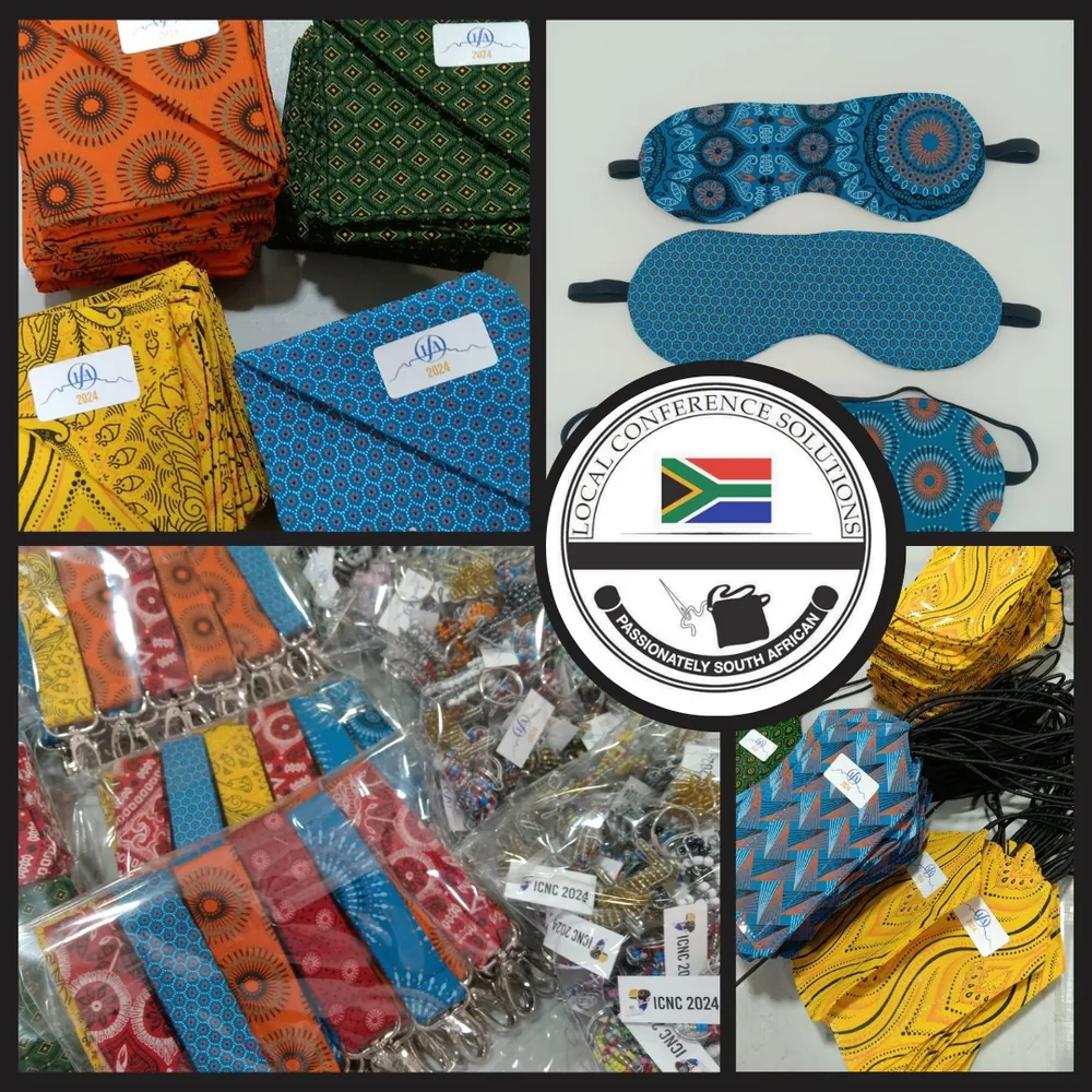 Handmade shweshwe lanyards, eye masks and conference accessories laid out together