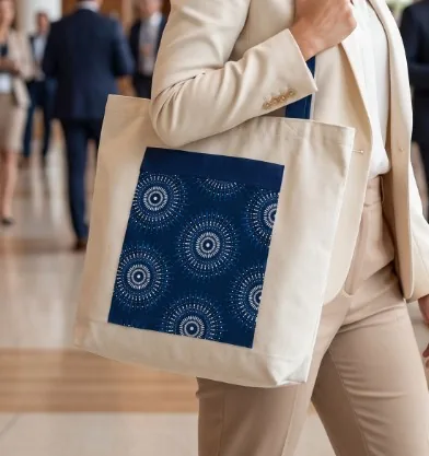 Cream cotton Signature Tote conference bag with a navy shweshwe pocket, carried at a conference venue